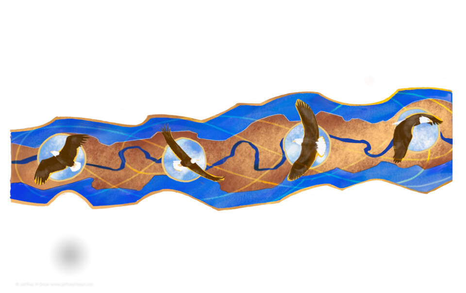 A working drawing for Flight of the Eagle by Jeff Dean, a commissioned piece for a Bethel hospital, features heat-colored steel eagles on a background fashioned from steel and birch plywood. Photo provided by Jeff Dean