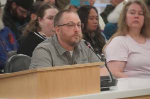 Kenai Peninsula Borough Assembly member Tyson Cox speaks during a town hall meeting hosted by three Kenai Peninsula legislators in the Kenai Peninsula Borough Assembly Chambers in Soldotna, Alaska, on Saturday, March 29, 2025. (Jake Dye/Peninsula Clarion)