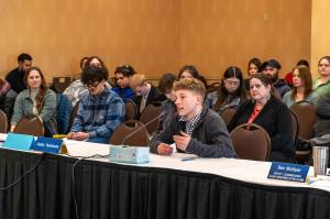 Jackson Carney of Wrangell, a student in the Federal Subsistence Board Policy and Procedures class at the University of Alaska Southeast, testifies before the Federal Subsistence Board. (Photo by Ryan Morse/courtesy)