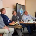 From left: Kenai Peninsula Borough School District Superintendent Clayton Holland; Director of Elementary Education Eric Pederson; board president Zen Kelly; Director of Planning and Operations Kevin Lyon; and Assistant Superintendent Kari Dendurent hear questions and concerns from Nikolaevsk parents, staff and students during a community meeting in the school library on Thursday, April 3, 2025, in Nikolaevsk, Alaska. (Delcenia Cosman/Homer News)