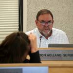 Kenai Peninsula Borough School District Superintendent Clayton Holland speaks during a meeting of the KPBSD Board of Education in Soldotna, Alaska, on Monday, April 7, 2025. (Jake Dye/Peninsula Clarion)