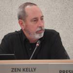 Kenai Peninsula Borough School District Board President Zen Kelly speaks during a meeting of the KPBSD Board of Education in Soldotna, Alaska, on Monday, April 7, 2025. (Jake Dye/Peninsula Clarion)