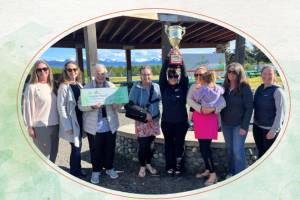 Last years winning team, the Sweaty Bettys, hold their first-place trophy. The team donated their winnings to South Peninsula Haven House. (Photo courtesy of South Peninsula Hospital)