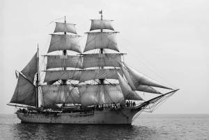 The bark (or barque) called the Agate, which carried members of the Kings County Mining Company from Brooklyn, New York, to Cook Inlet, was probably similar to this three-masted barque featured on Wikipedia.