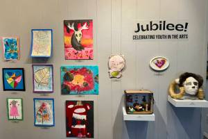 Mixed media artworks by area youth are currently displayed in Homer Council on the Arts' annual Jubilee! youth art exhibit and celebration, ongoing through April, in Homer, Alaska. Photo by Christina Whiting