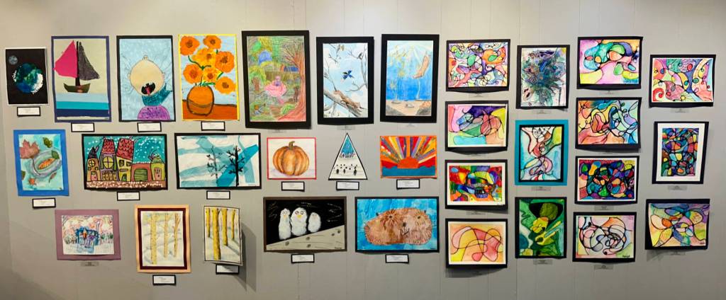 A colorful variety of artworks by Homers youth are on display through April in Homer Council on the Arts annual Jubilee! youth art exhibit in Homer, Alaska. Photo by Christina Whiting