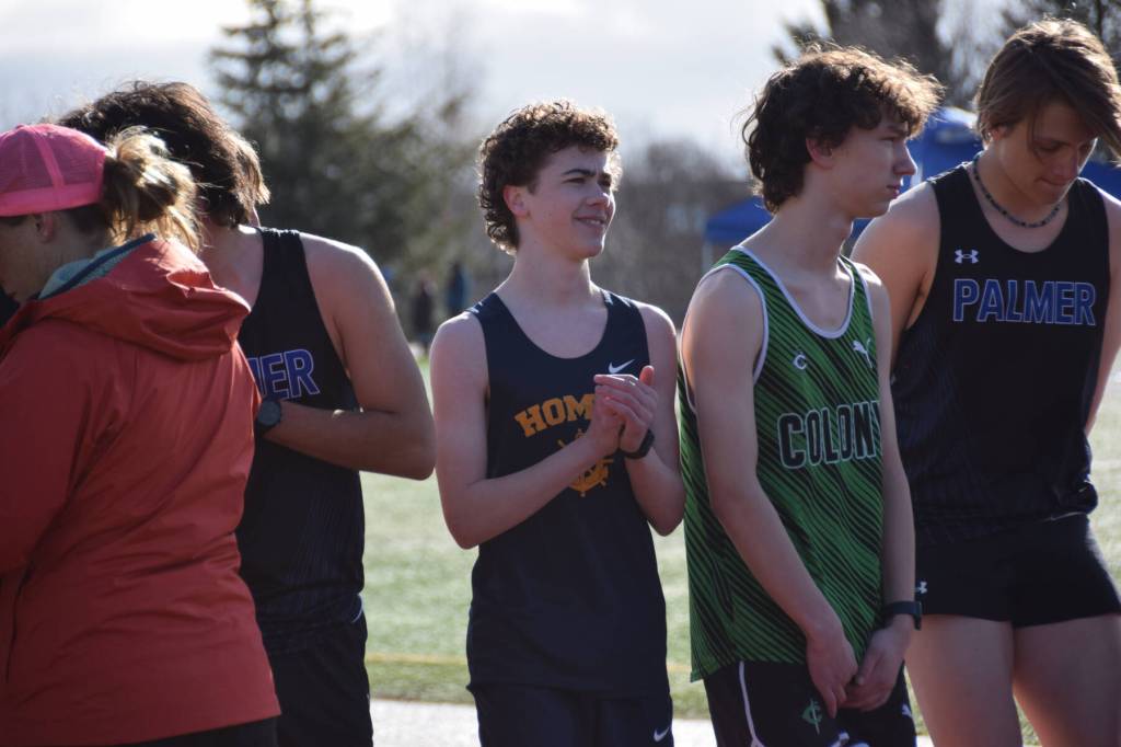 Boys line up for their first running event of the day on Friday, April 18 at the Homer High School Invitational Track Meet. (Chloe Pleznac/Homer News)