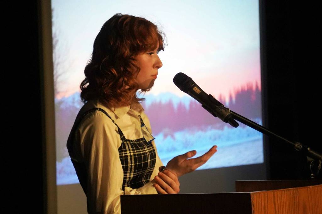 Seward High Schools Hannah Leatherman speaks during the 35th Annual Caring for the Kenai Oral Presentations at Kenai Central High School in Kenai, Alaska, on Thursday, April 17, 2025. (Jake Dye/Peninsula Clarion)