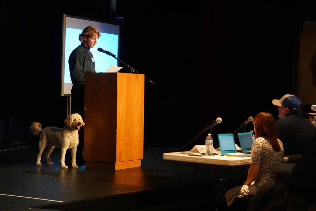 Soldotna High Schools Eli Richards speaks during the 35th Annual Caring for the Kenai Oral Presentations at Kenai Central High School in Kenai, Alaska, on Thursday, April 17, 2025. (Jake Dye/Peninsula Clarion)