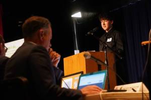 Kenai Central High Schools Kyle Foster speaks during the 35th Annual Caring for the Kenai Oral Presentations at Kenai Central High School in Kenai, Alaska, on Thursday, April 17, 2025. (Jake Dye/Peninsula Clarion)