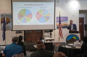 Economist and research analyst Andy Wink presents State of the Kenai Peninsula Borough Economy during the Kenai Peninsula Economic Development District Industry Outlook Forum in Kenai, Alaska, on Thursday, April 24, 2025. (Jake Dye/Peninsula Clarion)