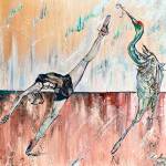 Dancing Giants is an oil-on-canvas mixed media artwork by Eve Remme, on display through May at Grace Ridge Brewing in Homer, Alaska. Photo provided by Eve Remme