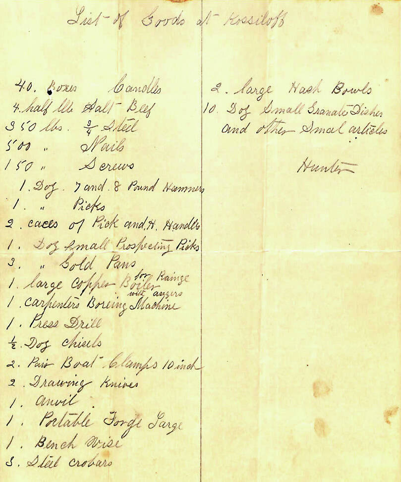 Image from ACC Box 116, Folder 1039, of the Rasmuson Library historical archives
In 1899, when William Hunter, of Kenai, learned that the Kings County Mining Company had cashed a large store of goods at Tustumena Lake, he arranged to purchase all of the items and then attempted to sell them to Alaska Commercial Company. This list, which Hunter compiled, is one of few lists of specific items brought to Alaska by the miners.