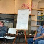 Facilitators Michael Armstrong and Alex Koplin engage in conversation with attendees at the Homer Public Library on Tuesday, April 29. (Chloe Pleznac/Homer News)