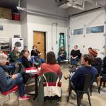 Prospective playwrights, actors and directors gather on Thursday, May 1, 2025, at Grace Ridge Brewing in Homer, Alaska to prepare for this years Ten Minute Play Festival. (Chloe Pleznac/Homer News)