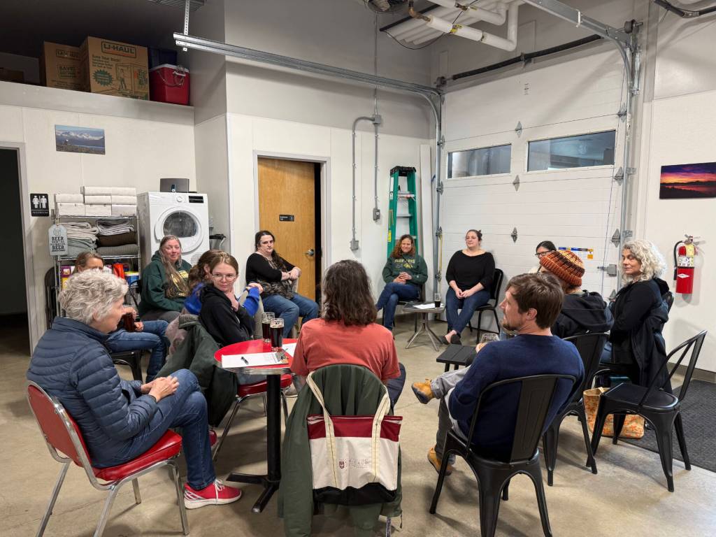 Prospective playwrights, actors and directors gather on Thursday, May 1, 2025, at Grace Ridge Brewing in Homer, Alaska to prepare for this years Ten Minute Play Festival. (Chloe Pleznac/Homer News)