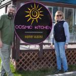 JD Nolan and Lisa Nolan stand outside the newly reopened Cosmic Kitchen on Monday, April 28, 2025, in Homer, Alaska. (Chloe Pleznac/Homer News)