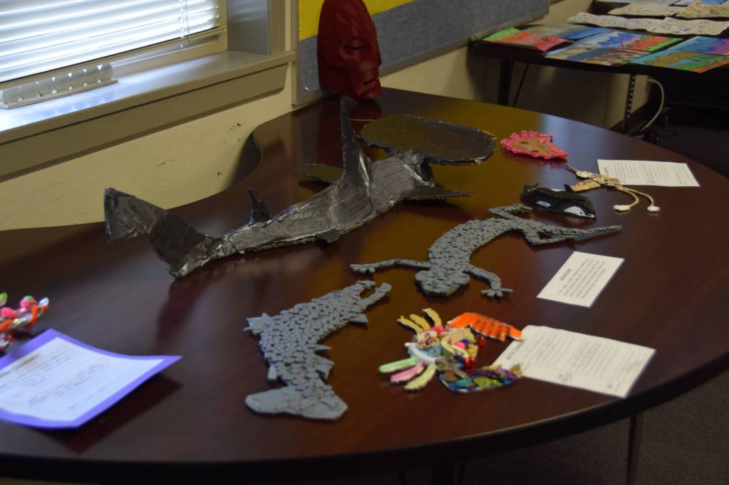 Student art created from discarded materials sit on display Friday, May 2, 2025, at Homer Flex High School during their open house, in Homer, Alaska. (Chloe Pleznac/Homer News)