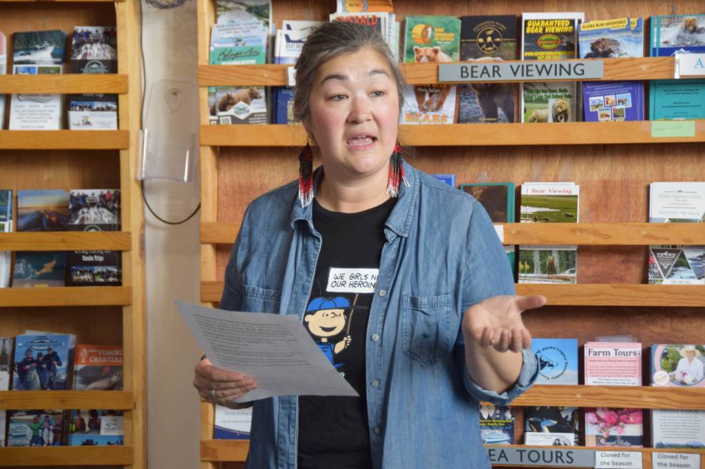 South Peninsula Haven House Executive Director Lindsey Collins explains the history of Denim Day during the first annual Haven House observation of Denim Day on Wednesday, April 30, 2025, at the Homer Chamber of Commerce in Homer, Alaska. (Delcenia Cosman/Homer News)