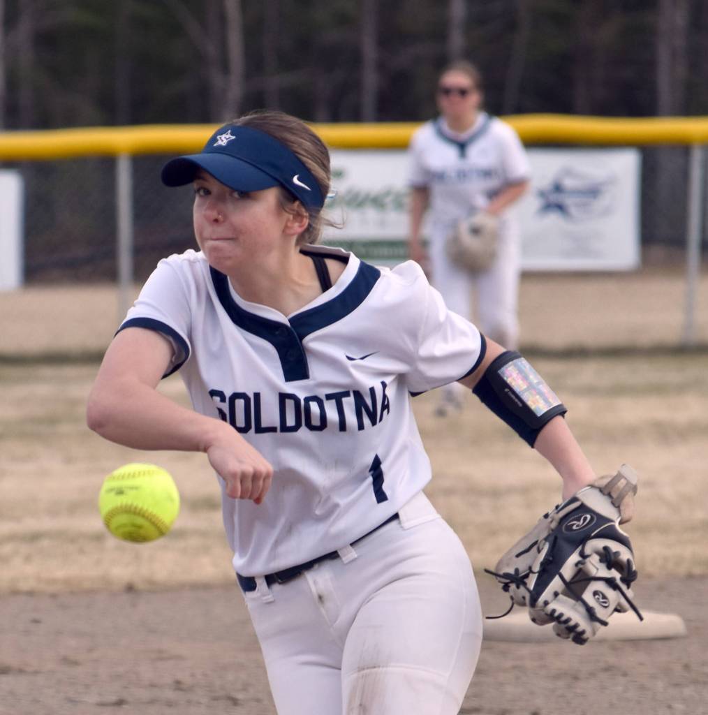 Soldotnas Tatum Cooper delivers to Homer on Monday, May 5, 2025, at the Soldotna Little League fields in Soldotna, Alaska. (Photo by Jeff Helminiak/Peninsula Clarion)
