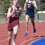 Grace Christians Robbie Annett leads Homers Johannes Bynagle on the way to victory in the 800-meter run at the SoHi Invite on Saturday, May 3, 2025, at Soldotna High School in Soldotna, Alaska. (Photo by Jeff Helminiak/Peninsula Clarion)