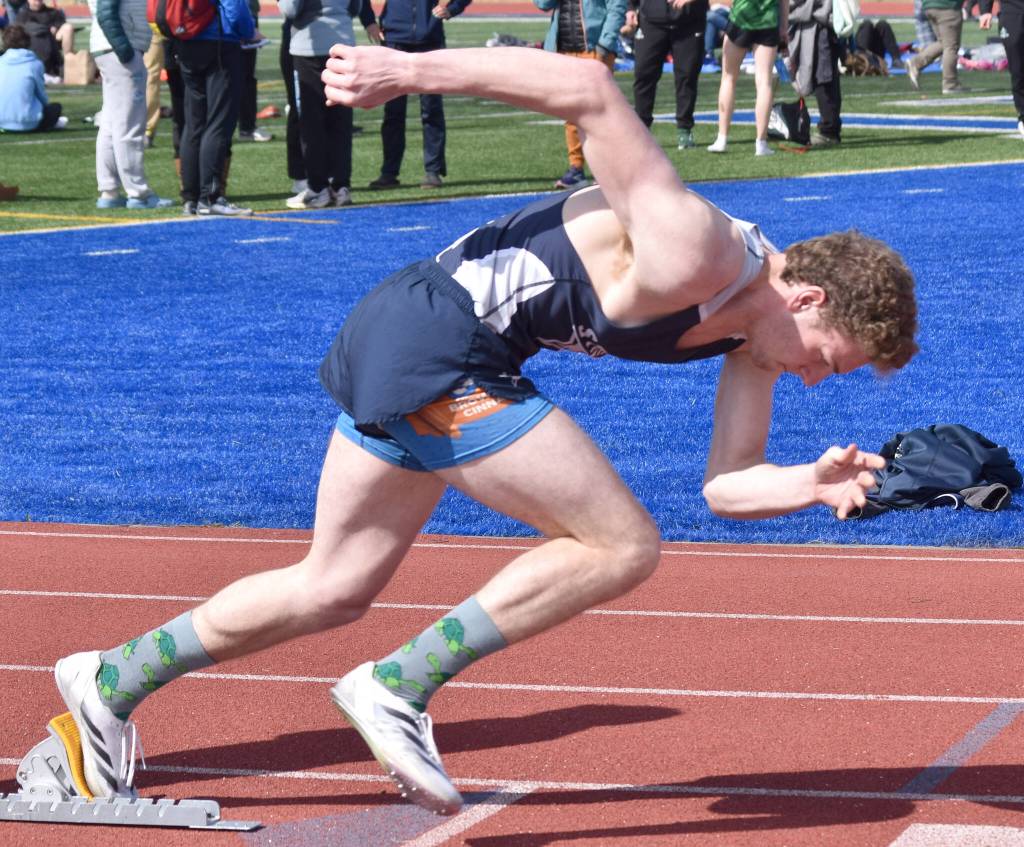 Soldotnas James Innes starts his victory in the 400-meter dash at the SoHi Invite on Saturday, May 3, 2025, at Soldotna High School in Soldotna, Alaska. (Photo by Jeff Helminiak/Peninsula Clarion)