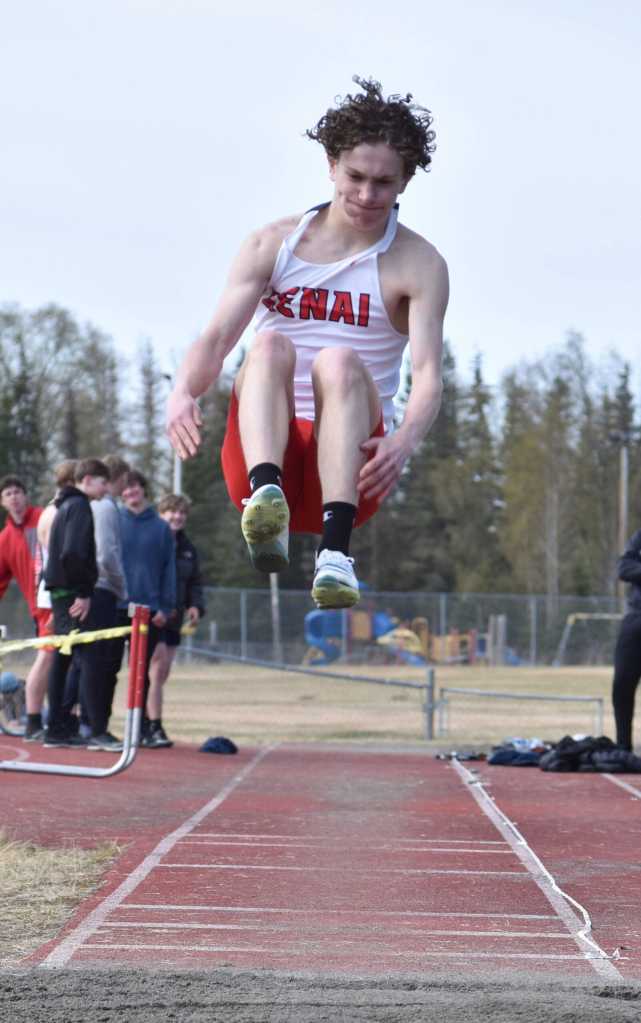 Kenais Aidan Jackman competes in the long jump at the SoHi Invite on Saturday, May 3, 2025, at Soldotna High School in Soldotna, Alaska. (Photo by Jeff Helminiak/Peninsula Clarion)