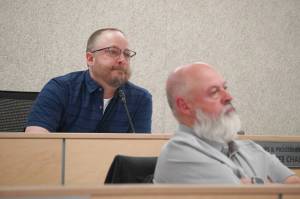 Tyson Cox speaks during a meeting of the Kenai Peninsula Borough Assembly in Soldotna, Alaska, on Tuesday, May 6, 2025. (Jake Dye/Peninsula Clarion)