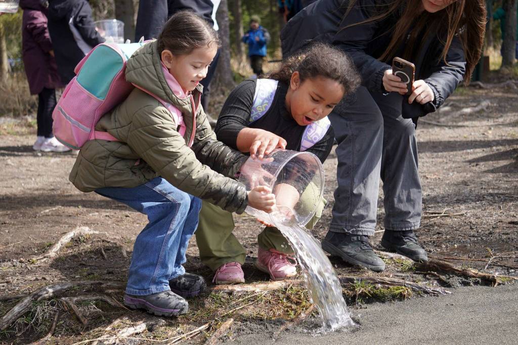 Students stock rainbow trout into Johnson Lake during Salmon Celebration, hosted by the Alaska Department of Fish and Game near Kasilof, Alaska, on Wednesday, May 7, 2025. (Jake Dye/Peninsula Clarion)