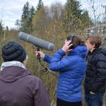Shorebird Festival attendees use a shotgun microphone to capture audio of birds and other nature sounds during keynote speaker Dr. Ben Mirins wildlife sound recording session on Friday, May 9, 2025, at the Alaska Maritime National Wildlife Refuge Visitor Center in Homer, Alaska. (Delcenia Cosman/Homer News)