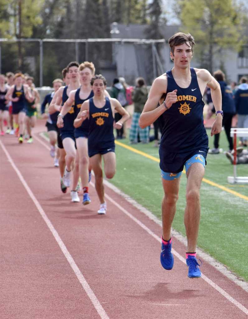 Homers Johannes Bynagle gaps the field in the 1,600-meter run Saturday, May 17, 2025, at the Kenai Peninsula Borough meet at Ed Hollier Field at Kenai Central High School in Kenai, Alaska. (Photo by Jeff Helminiak/Peninsula Clarion)
