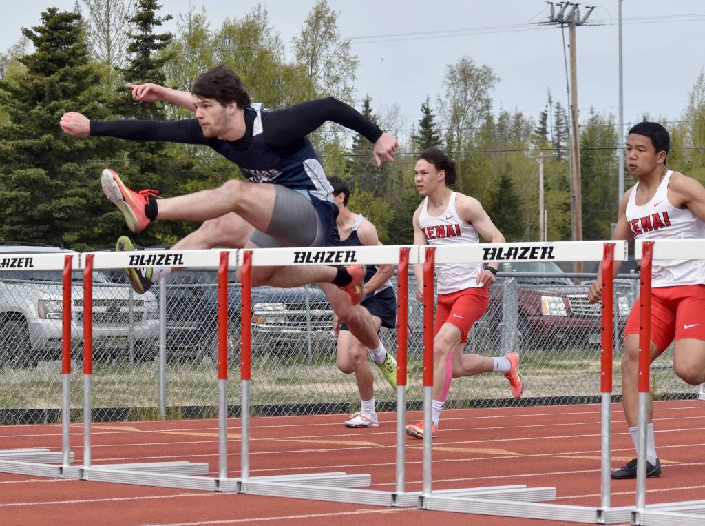 Soldotnas Wyatt Faircloth wins the 110-meter hurdles Saturday, May 17, 2025, at the Kenai Peninsula Borough meet at Ed Hollier Field at Kenai Central High School in Kenai, Alaska. (Photo by Jeff Helminiak/Peninsula Clarion)