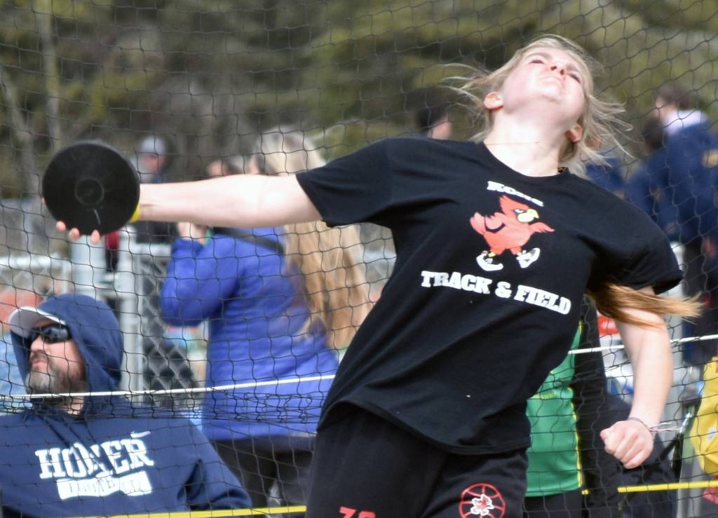 Kenai Centrals Willow Graham finishes second in the discus Saturday, May 17, 2025, at the Kenai Peninsula Borough meet at Ed Hollier Field at Kenai Central High School in Kenai, Alaska. (Photo by Jeff Helminiak/Peninsula Clarion)