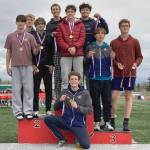 Soldotnas 400-meter relay of Brenden Jones, Tyce Escott and Lokeni Wong (left to right, center top) and James Innes (bottom) broke the school record Saturday, May 17, 2025, at the Kenai Peninsula Borough meet at Ed Hollier Field at Kenai Central High School in Kenai, Alaska. (Photo by Jeff Helminiak/Peninsula Clarion)