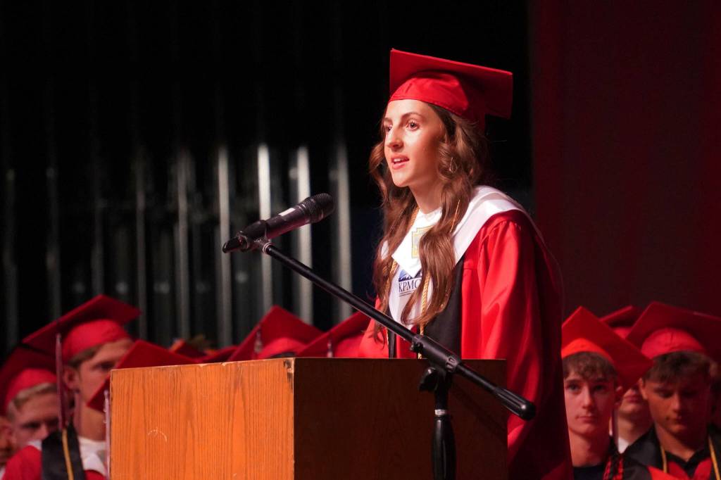 Student Body President Sarah Jane Baisden speaks during the Kenai Central High School graduation ceremony in Kenai, Alaska, on Tuesday, May 20, 2025. (Jake Dye/Peninsula Clarion)