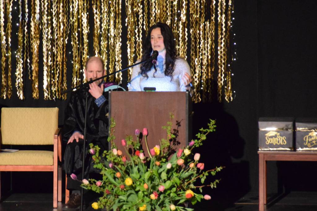 Tela ODonnell-Bacher delivers her commencement address during the 2025 Homer High School graduation ceremony on Wednesday, May 21, 2025, in the Alice Witte Gymnasium. (Chloe Pleznac/Homer News)