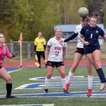 Soldotnas Mia Hannevold heads in a goal on a corner kick Thursday, May 22, 2025, at Justin Maile Field at Soldotna HIgh School in Soldotna, Alaska. (Photo by Jeff Helminiak/Peninsula Clarion)