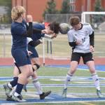 Soldotnas Lane Hillyer and Kenai Centrals Gavin Liles joust for the ball Thursday, May 22, 2025, at Justin Maile Field at Soldotna High School in Soldotna, Alaska. (Photo by Jeff Helminiak/Peninsula Clarion)