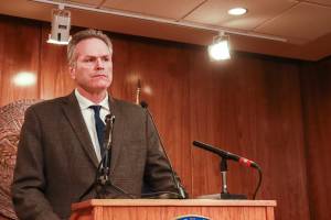 Gov. Mike Dunleavy holds a press conference on Monday, May 19, 2025, to discuss his decision to veto an education bill. (Jasz Garrett / Juneau Empire file photo)