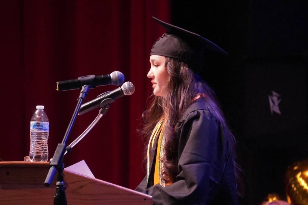 Valedictorian Xinlan Tanner speaks during a graduation ceremony for Connections Homeschool in Soldotna, Alaska, on Thursday, May 22, 2025. (Jake Dye/Peninsula Clarion)