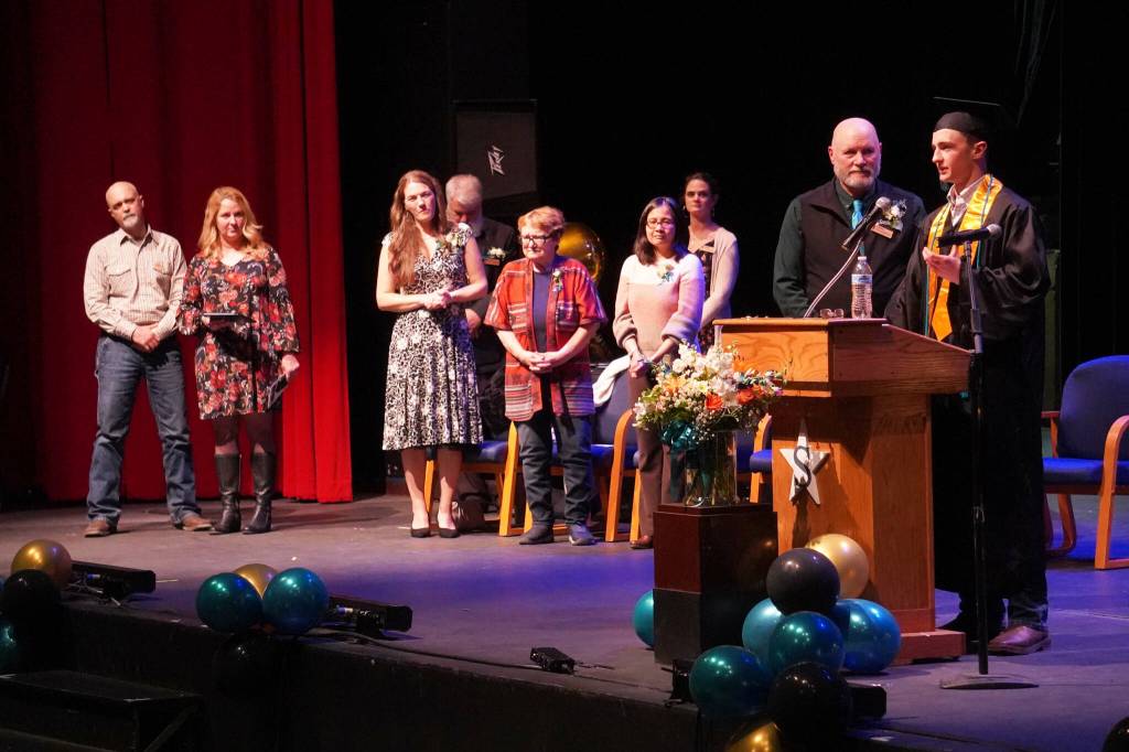 Leif Jaworski speaks during a graduation ceremony for Connections Homeschool in Soldotna, Alaska, on Thursday, May 22, 2025. (Jake Dye/Peninsula Clarion)