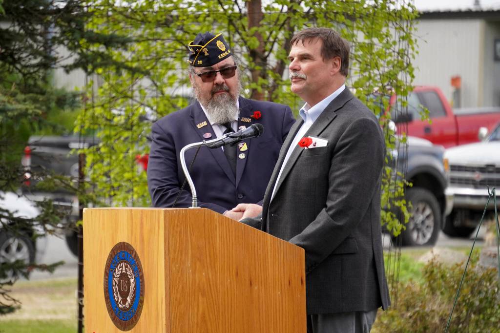 Kenai Vice Mayor Henry Knackstedt speaks during a Memorial Day service at Leif Hansen Memorial Park in Kenai, Alaska, on Monday, May 26, 2025. (Jake Dye/Peninsula Clarion)