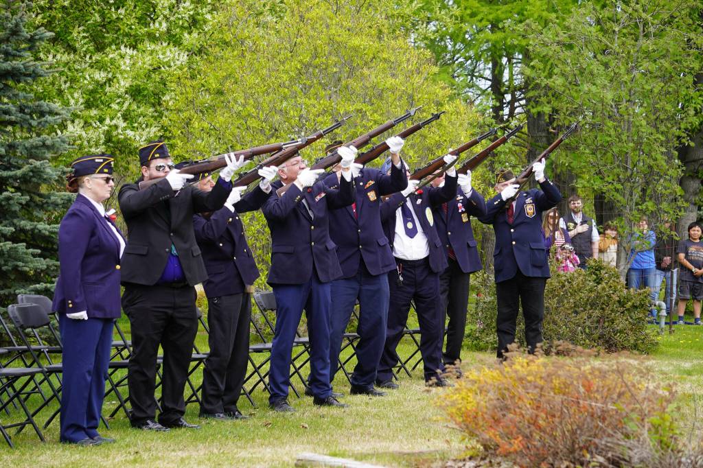 A rifle salute is offered to fallen soldiers during a Memorial Day service at Leif Hansen Memorial Park in Kenai, Alaska, on Monday, May 26, 2025. (Jake Dye/Peninsula Clarion)