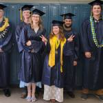 (from left to right) Ira Iwerks, Marcus Hunt, Isabell Hooton, Grace Kaiser, Michael Nalewako and Max Russell graduated from Ninilchik School on Tuesday, May 20, 2025, in Ninilchik, Alaska. Photo courtesy of Mattea Williamson