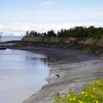 The barge, crane, and first pile of rock for the Kenai Bluff Stabilization Project is seen during a break in work at the bank of the Kenai River in Kenai, Alaska, on Tuesday, May 27, 2025. (Jake Dye/Peninsula Clarion)