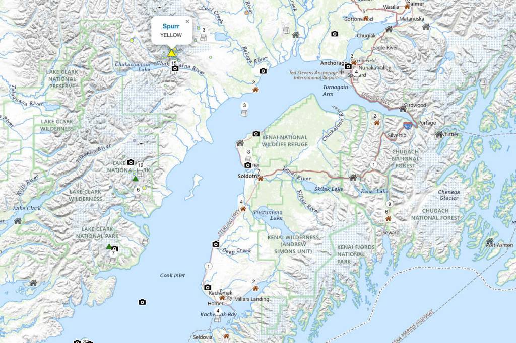 Mount Spurr, raised to Advisory on the Volcano Alert Level, can be seen in yellow northwest of the Kenai Peninsula. (Map courtesy Alaska Volcano Observatory/U.S. Department of the Interior)