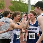 Soldotnas Brenden Jones, Parker Richards, James Innes and Ethan Anding celebrate winning the 1,600-meter relay and clinching the boys team title Saturday, May 31, 2025, at the Division I state track meet at Dimond High School in Anchorage, Alaska. (Photo by Jeff Helminiak/Peninsula Clarion)