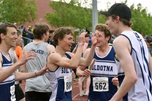 Soldotnas Brenden Jones, Parker Richards, James Innes and Ethan Anding celebrate winning the 1,600-meter relay and clinching the boys team title Saturday, May 31, 2025, at the Division I state track meet at Dimond High School in Anchorage, Alaska. (Photo by Jeff Helminiak/Peninsula Clarion)