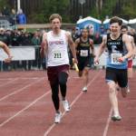 Soldotnas James Innes wins the 1,600-meter relay from, as he called it, Lane 0 on Saturday, May 31, 2025, at the Division I state track meet at Dimond High School in Anchorage, Alaska. West Valley was second in the race, while Chugiak was third. That meant Soldotna and Chugiak tied for the boys team title. (Photo by Jeff Helminiak/Peninsula Clarion)