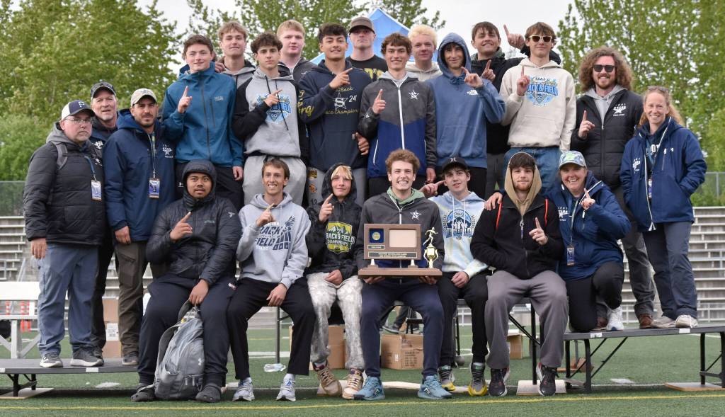 The Soldotna boys tied with Chugiak for first place in the team standings Saturday, May 31, 2025, at the Division I state track meet at Dimond High School in Anchorage, Alaska. (Photo by Jeff Helminiak/Peninsula Clarion)